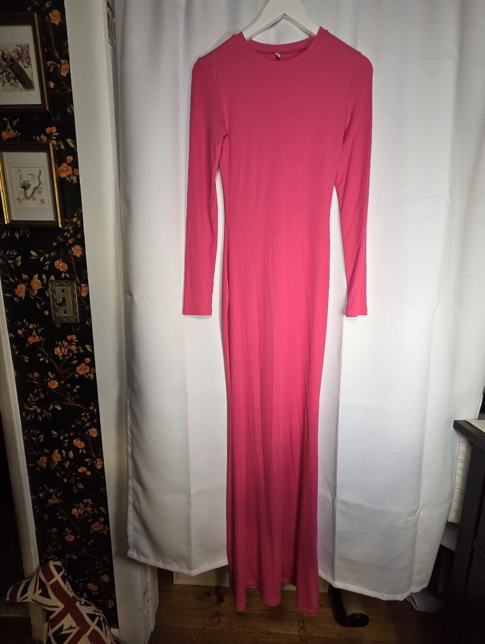 ReoRia Pink Stretch Body Con Long Sleeve Ribbed Maxi Dress Women's L